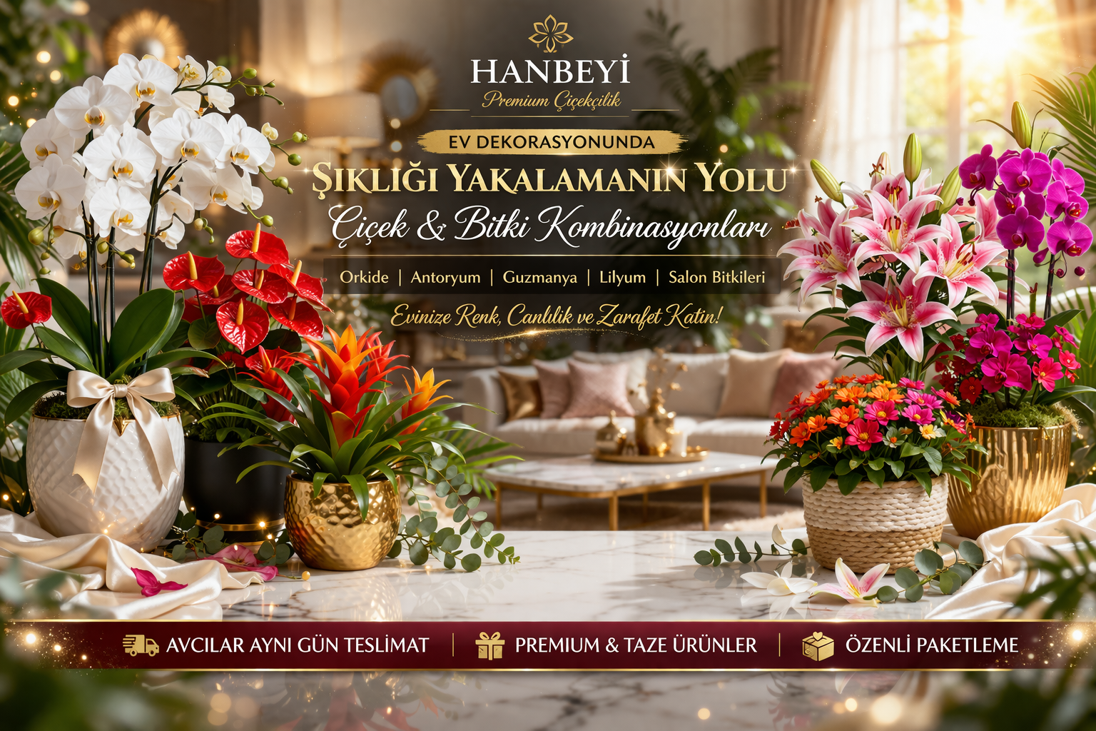 ev dekorasyonu çiçek ve salon bitkileri orkide antoryum guzmanya lilyum hanbeyi premium dekoratif saksı çiçekleri iç mekan bitkileri