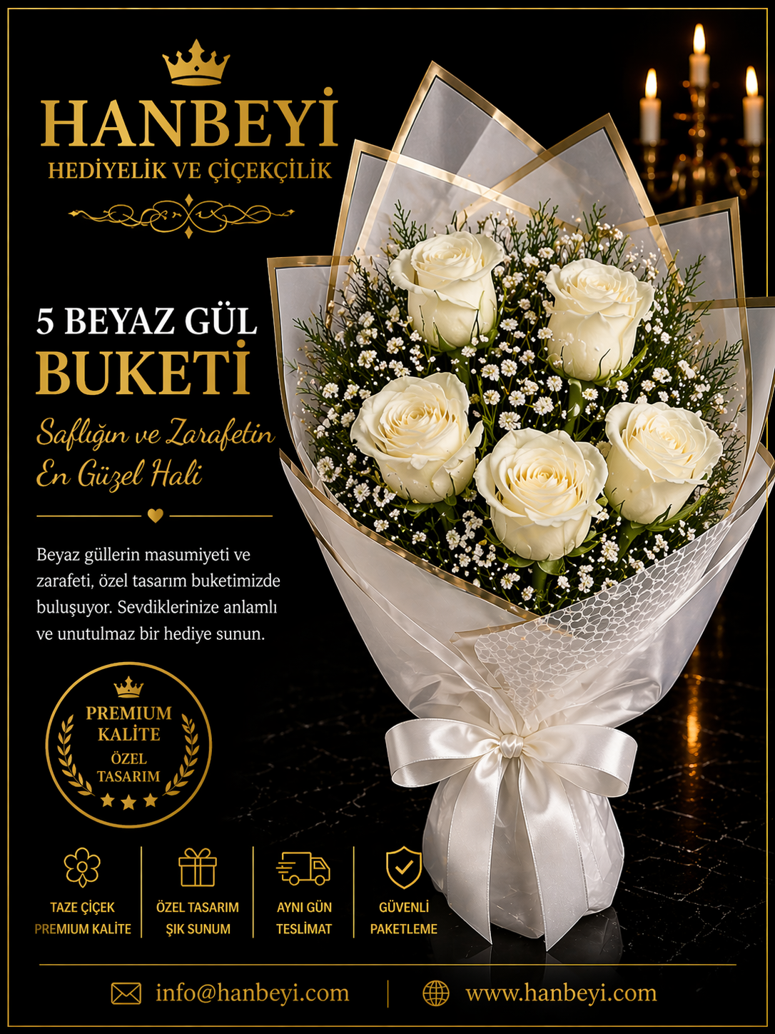 5 Beyaz Gül Buketi. Aşkın En Güzel Tarifi  ÇİÇEK BUKETLERİ