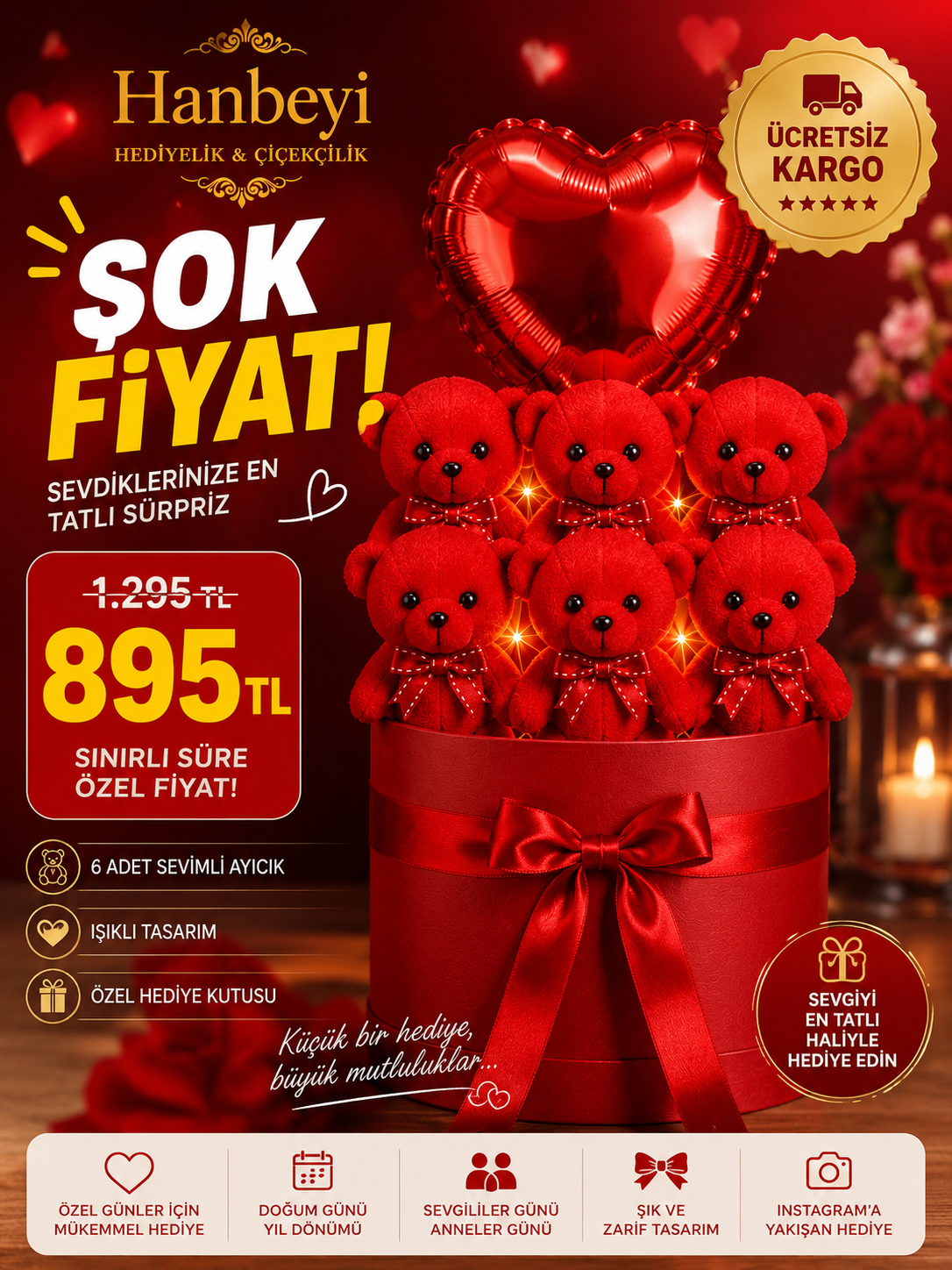 6 Adet Ayıcıklı Işıklı Yuvarlak Kutu Aranjmanı - Kalp Balonlu Romantik Hediye Seti Ayıcıklı Buketler