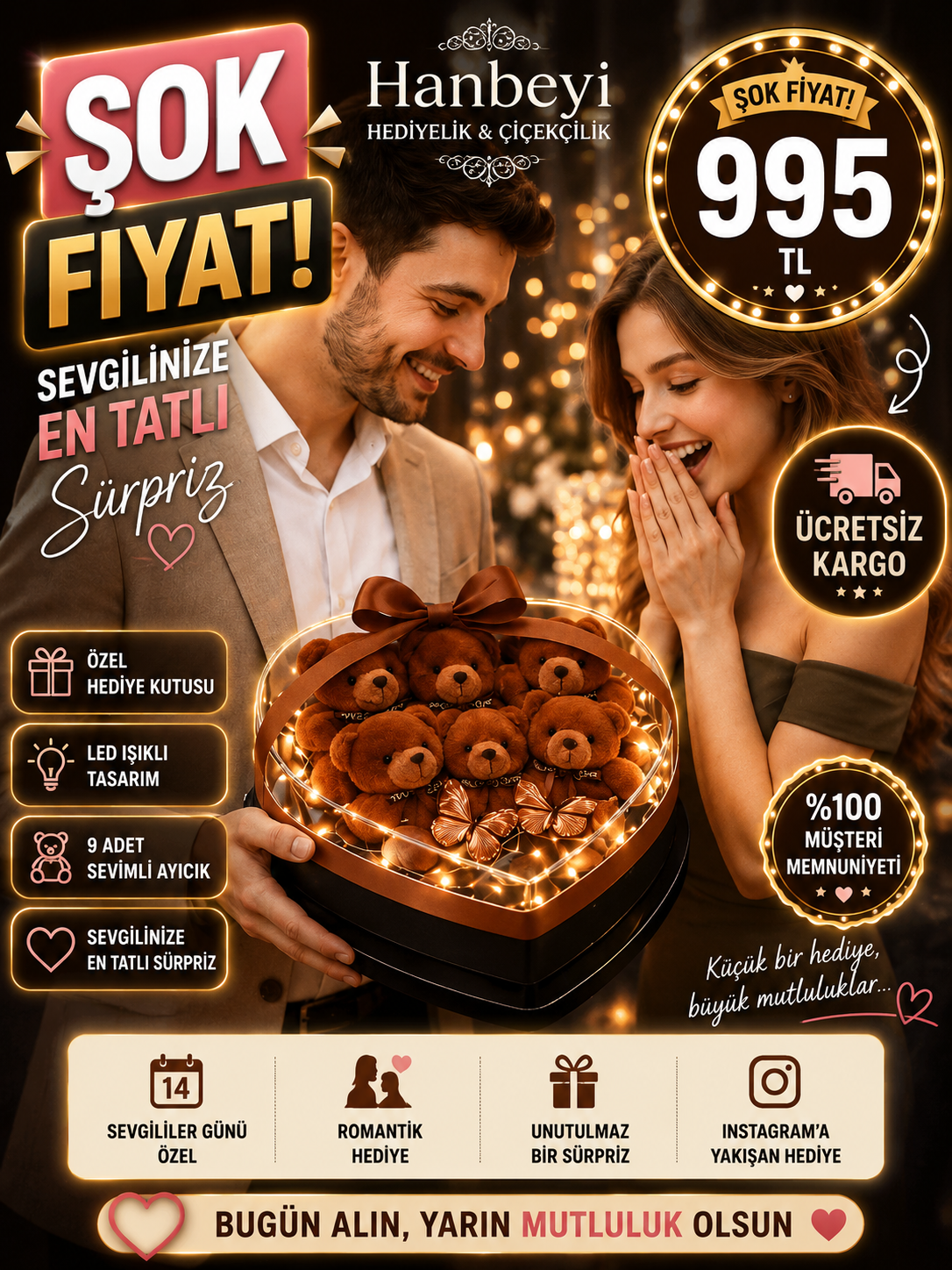 6'lı Işıklı Kelebekli Pleksi Kalp Kutuda Mini Ayıcık – Premium Romantik Hediye | Hanbeyi Aynalı Gül Buketi