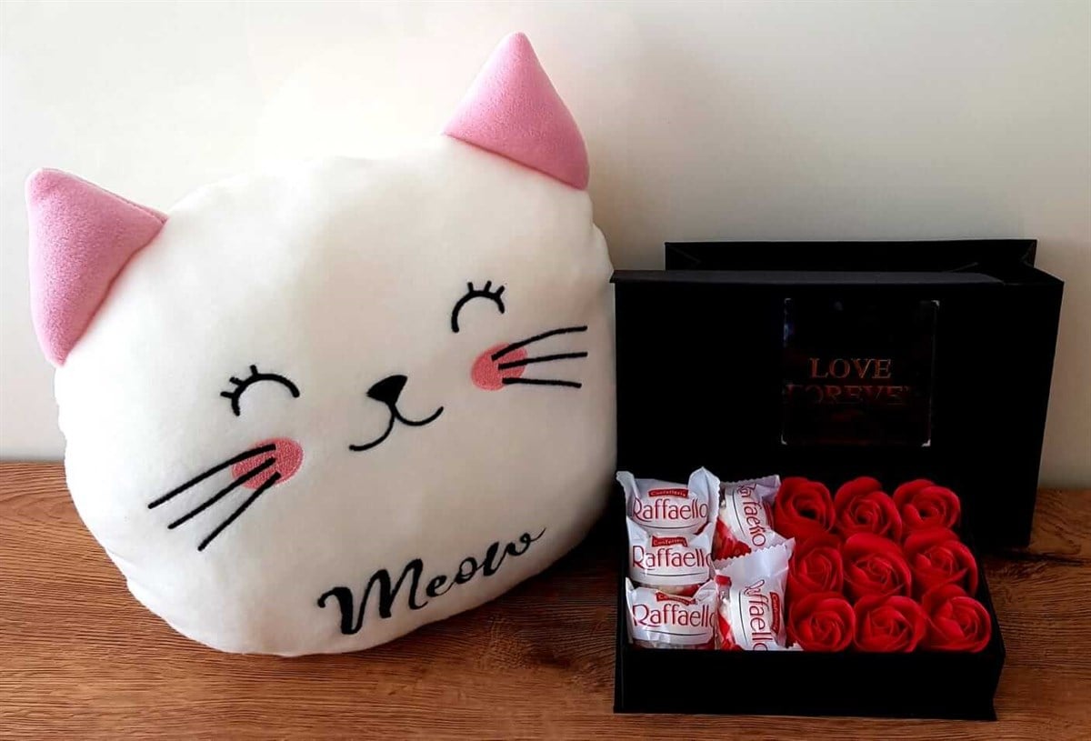Poncik Kedi Polar Yastık Hediye Kırmızı Gül Kutusunda Raffaello Rocher Çikolata HEDİYE