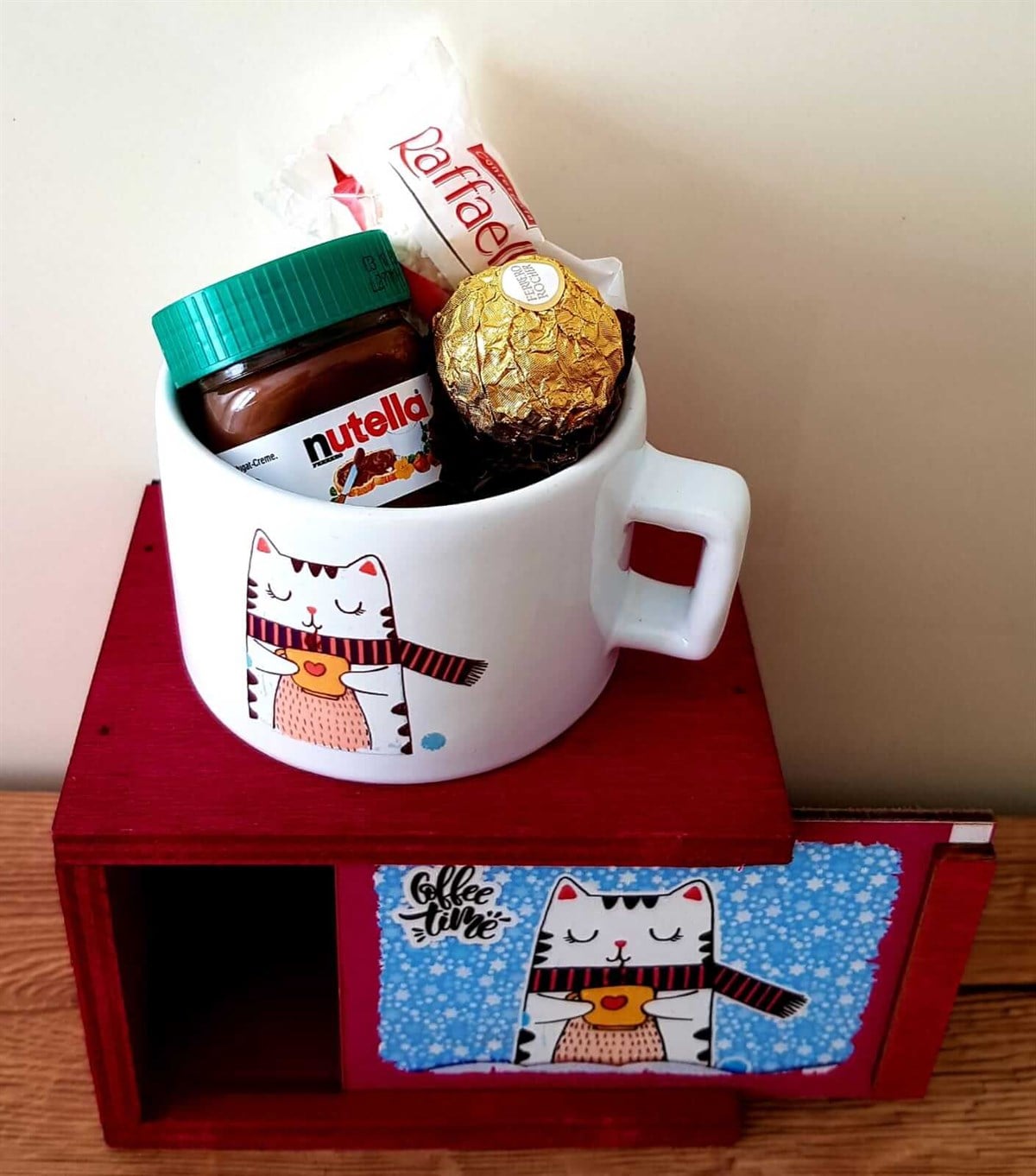 Rocher Raffaello Nutella Çikolata Minnoş Kedi Kutulu Kupa Hediye Seti HEDİYE