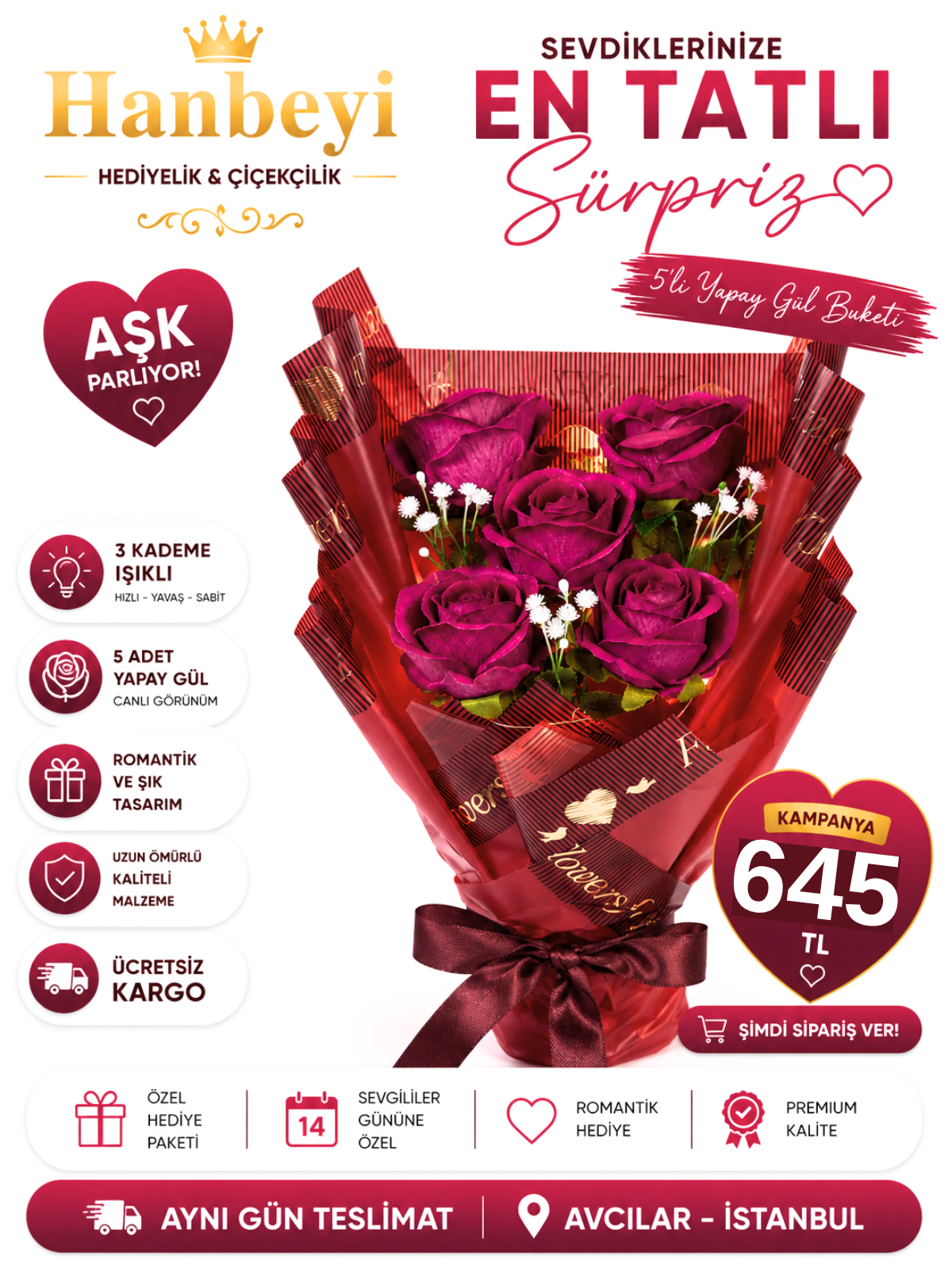 Hanbeyi Işıklı 5'li Yapay Mor Gül Buketi Yapay Gül Koleksiyonu