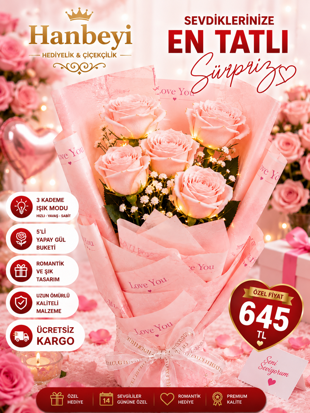 Hanbeyi Işıklı 5'li Yapay Pembe Gül Buketi Yapay Gül Koleksiyonu