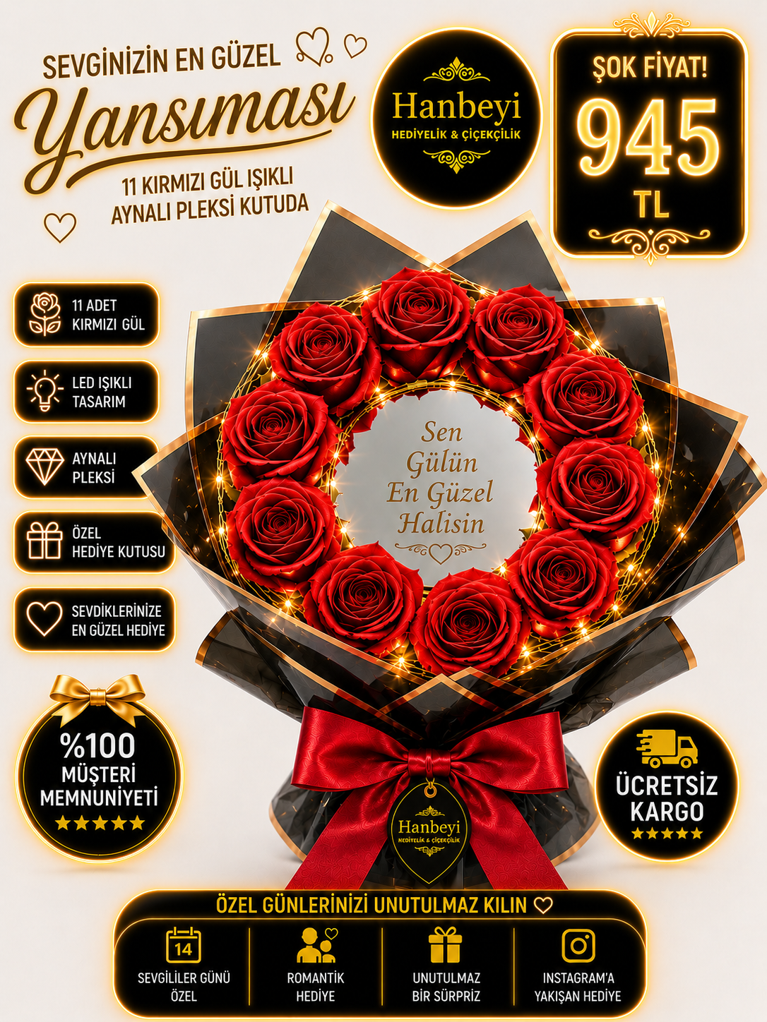 Hanbeyi Premium 11 Kırmızı Gül Işıklı Aynalı Pleksi Kutuda Aranjman  Kişiye Özel Hediyeler