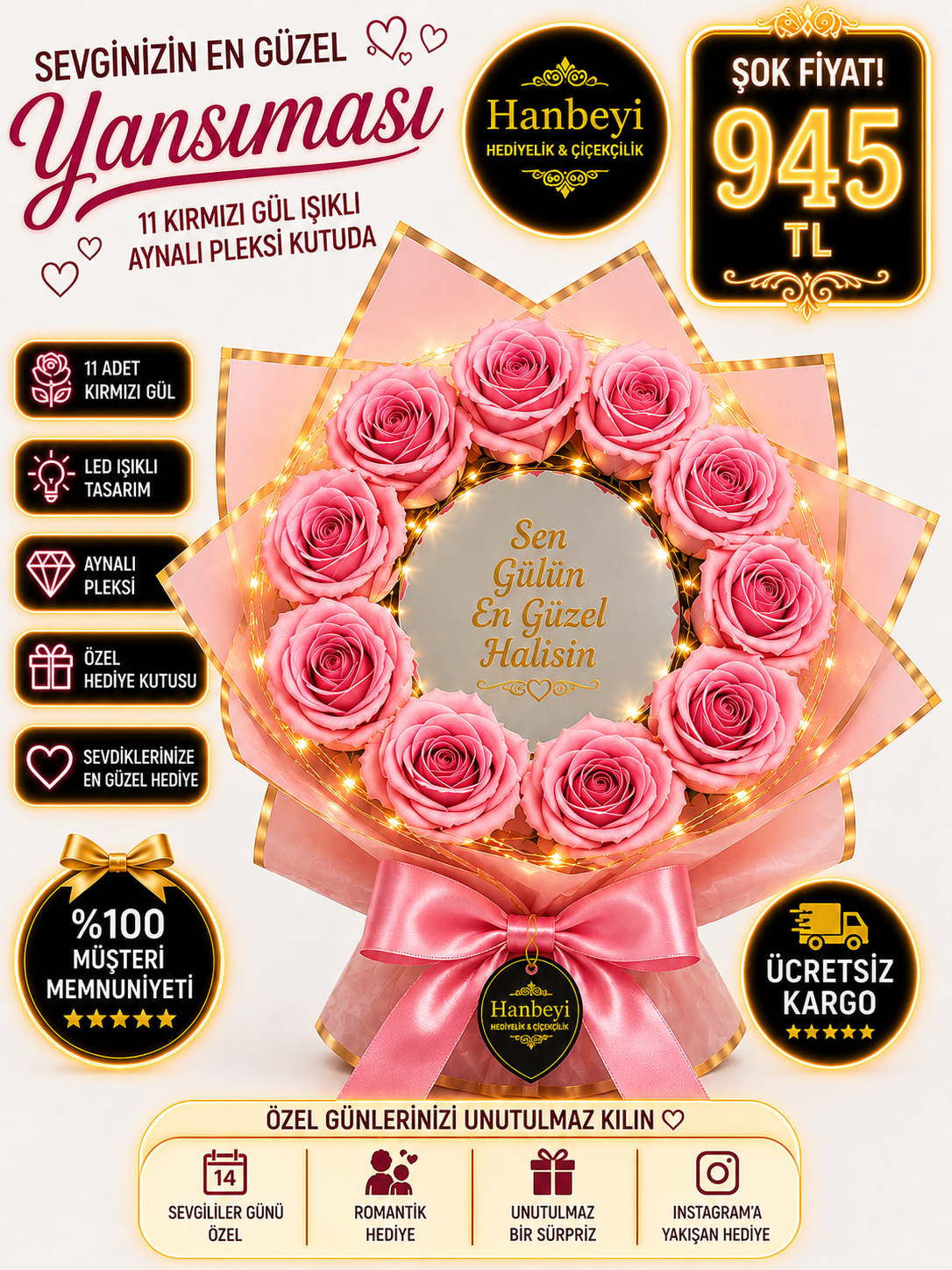 Hanbeyi Premium 11 Pembe Gül Işıklı Aynalı Pleksi Kutuda Aranjman Kişiye Özel Hediyeler