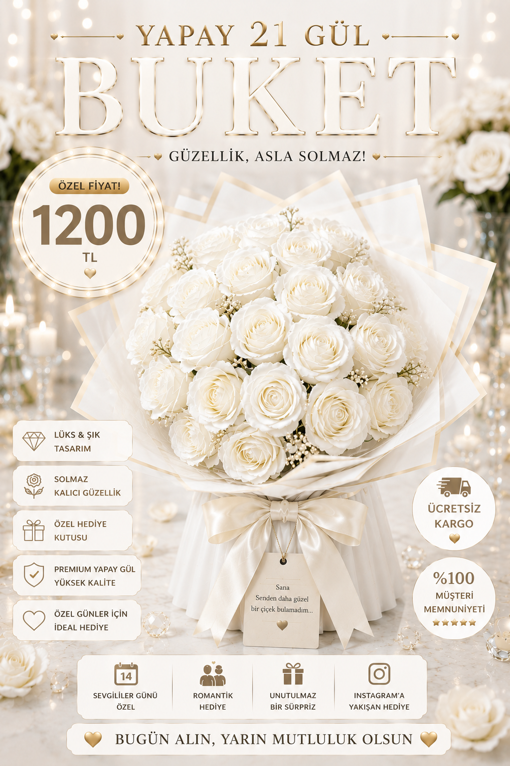 Hanbeyi Premium Yapay 21 Beyaz Gül Buketi Yapay Gül Koleksiyonu
