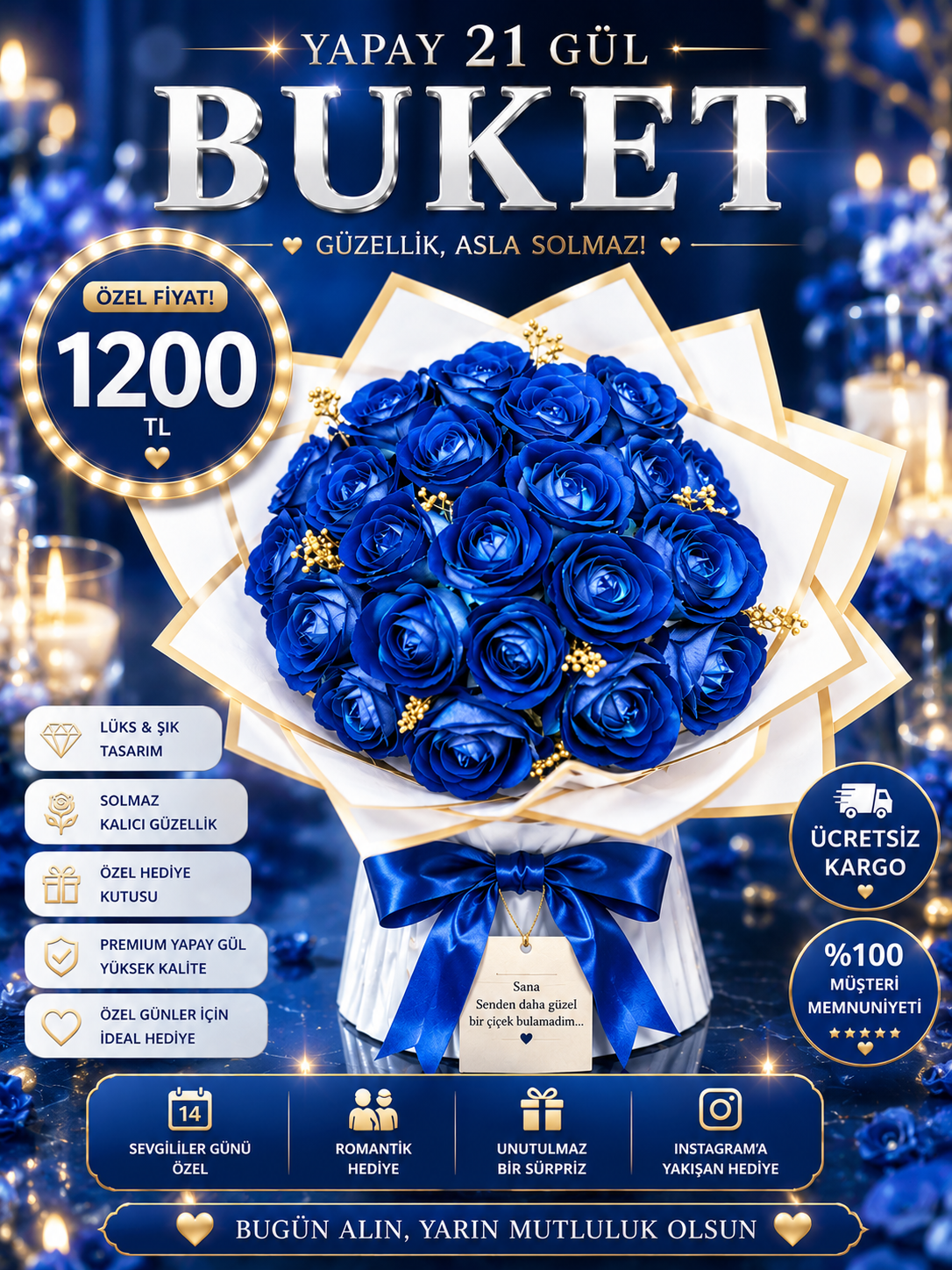 Hanbeyi Premium Yapay 21 Mavi Gül Buketi Yapay Gül Koleksiyonu