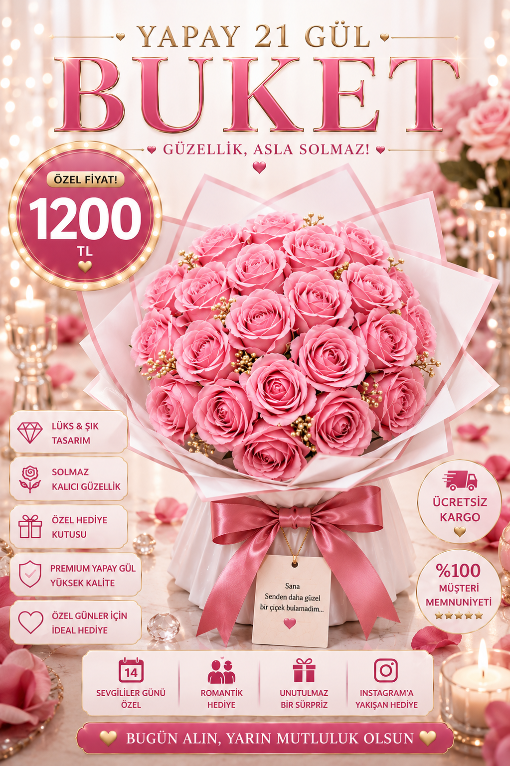 Hanbeyi Premium Yapay 21 Pembe Gül Buketi Yapay Gül Koleksiyonu