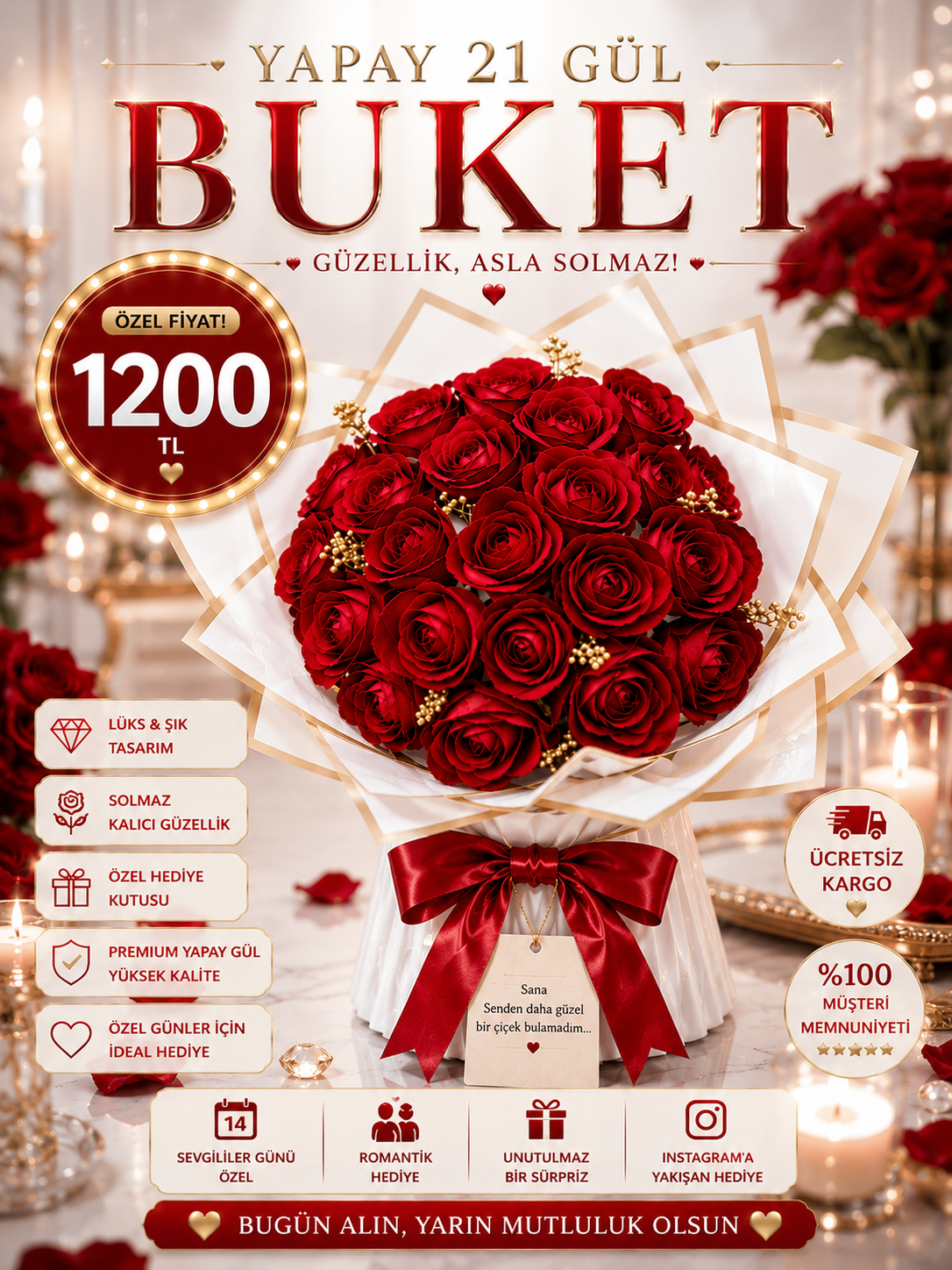 Hanbeyi Premium Yapay 21Kırmızı Gül Buketi Yapay Gül Koleksiyonu