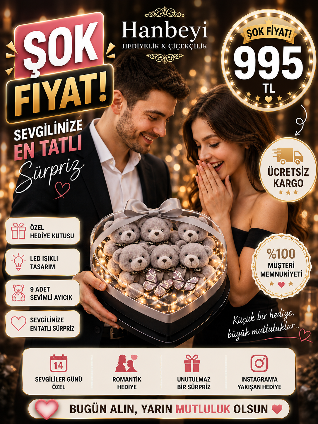 Işıklı Kalp Kutuda 6'lı Gri Mini Ayıcık – Kelebek Detaylı Premium Hediye | Hanbeyi Aynalı Gül Buketi