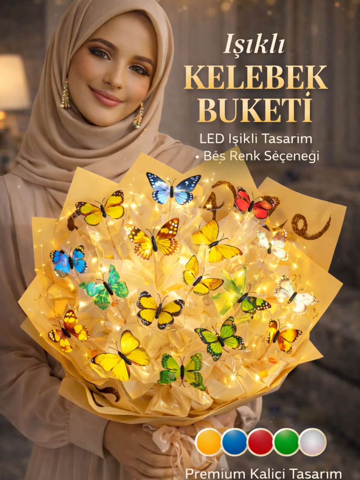 Işıklı Kelebek Buketi Sarı – Premium Dekoratif Kelebek  YAPAY ÇİÇEK BUKETLERİ