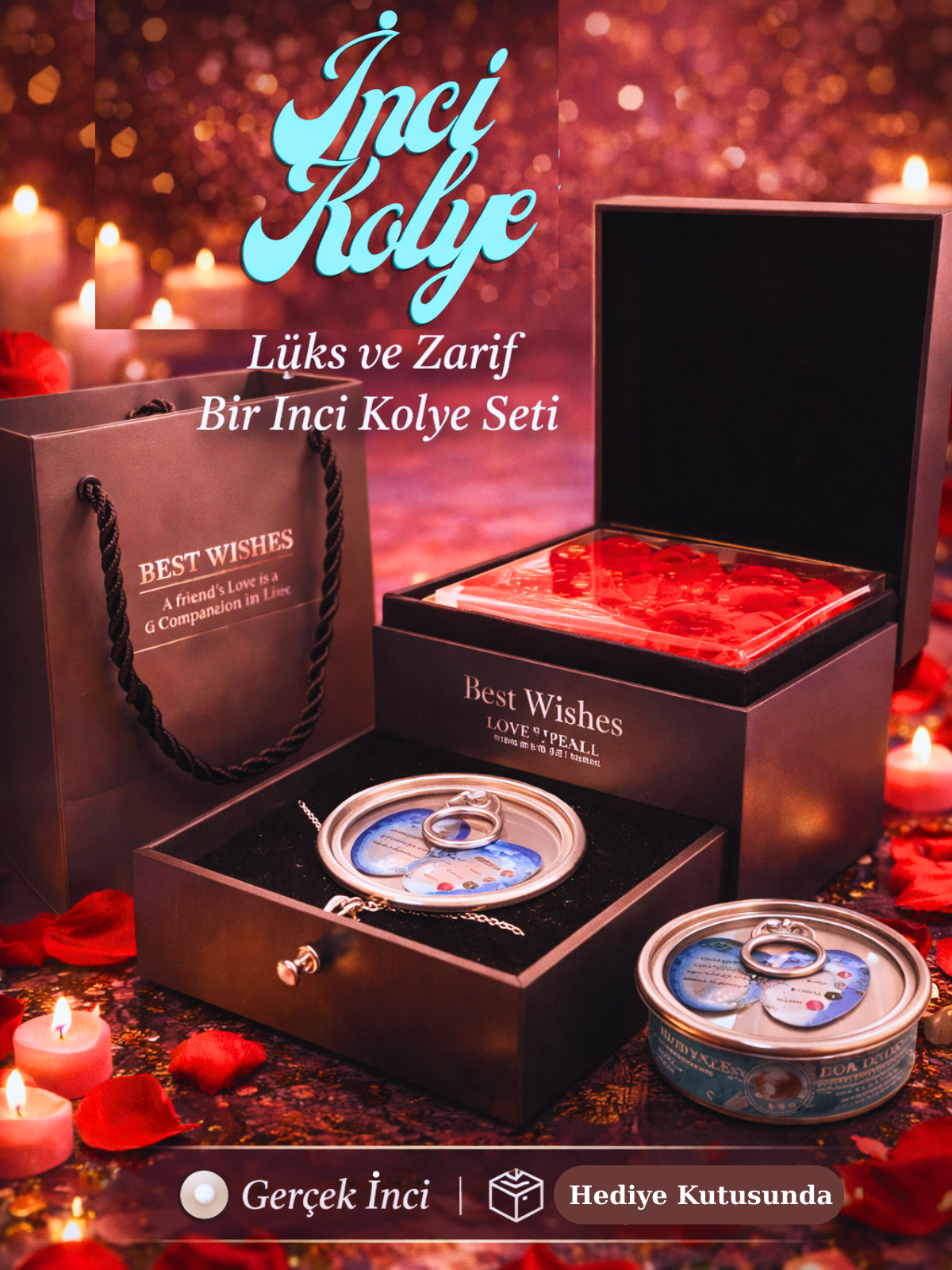 İstiridye İçinde Gerçek İnci Kolyeli Kırmızı Gül Kutusu Sevgiliye Hediye HEDİYE SETLERİ