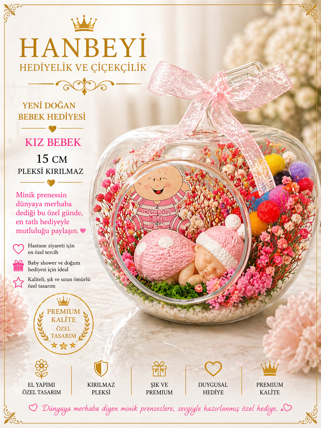 Kız Bebek Yeni Doğan Hediyesi Işıklı Elma Teraryum KIZ BEBEK HEDİYE SETİ