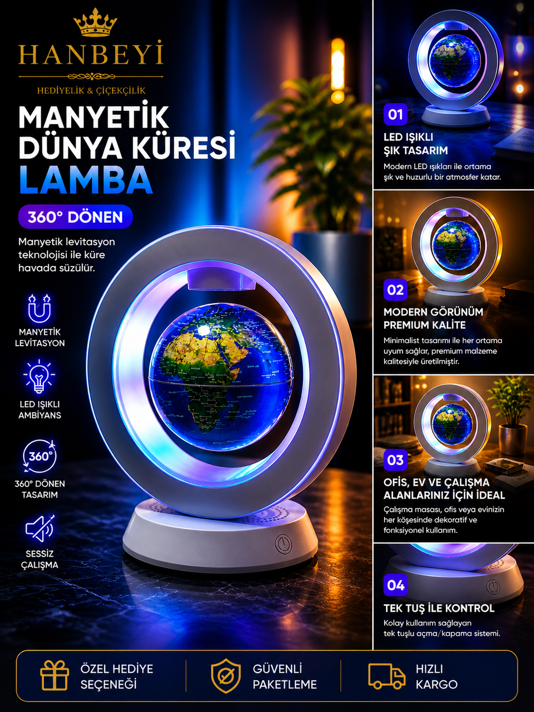 Manyetik Levitasyonlu Dünya Küresi Lamba – 360° Dönen LED Premium Masa Lambası ÇOK SATANLAR