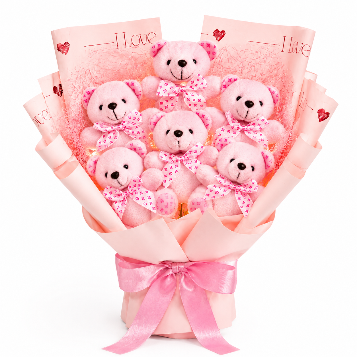 Pembe Ayıcık Buketi 6 Ayıcık– 3 Kademe Işıklı | Romantik Hediye Ayıcıklı Buketler