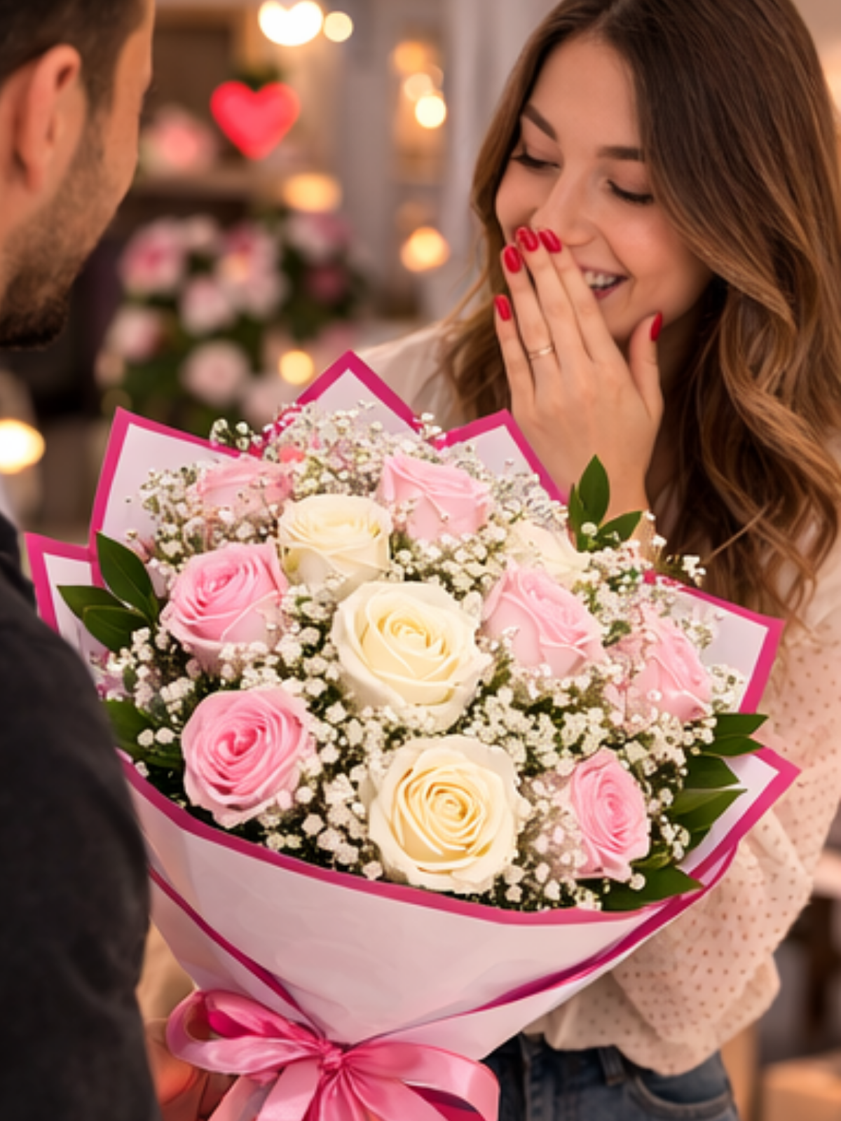 Pembe & Beyaz 11 Gül Buketi – Romantik Cipso Detaylı Çiçek Tasarımı | Hanbeyi KIZ İSTEME BUKETİ