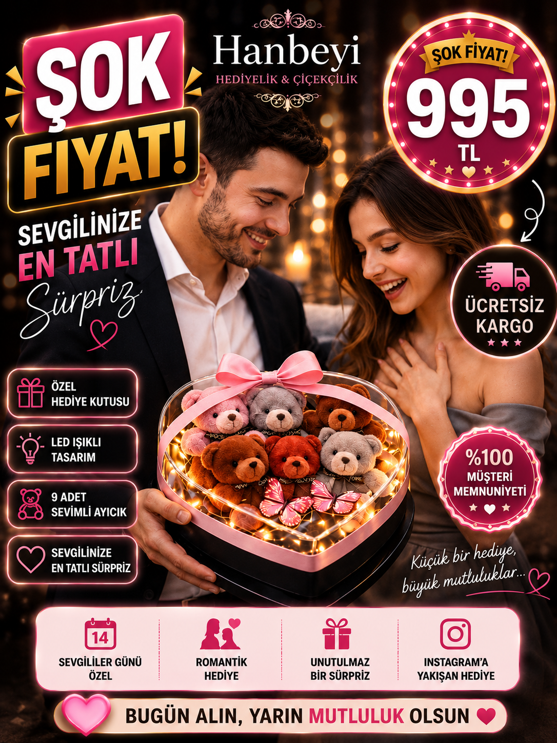 Pleksi Kalp Kutuda Karışık Renk Mini Ayıcık – Premium Romantik Hediye | Hanbeyi Aynalı Gül Buketi