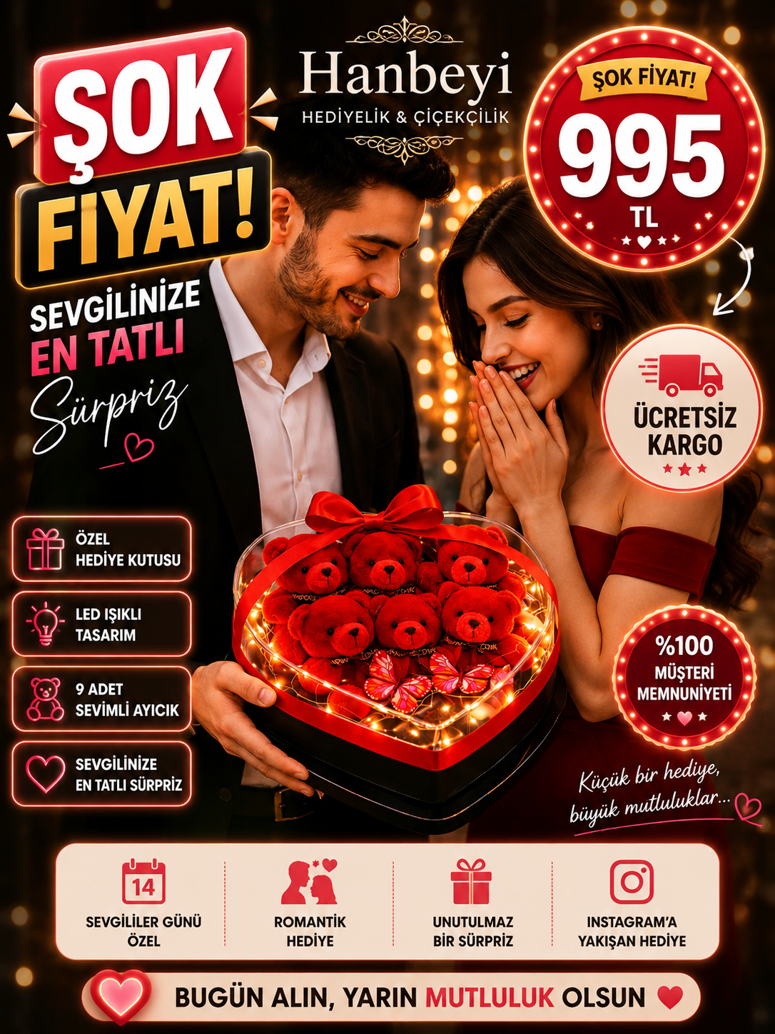 Pleksi Kalp Kutuda Kırmızı Mini Ayıcık – Premium Romantik Hediye | Hanbeyi Aynalı Gül Buketi