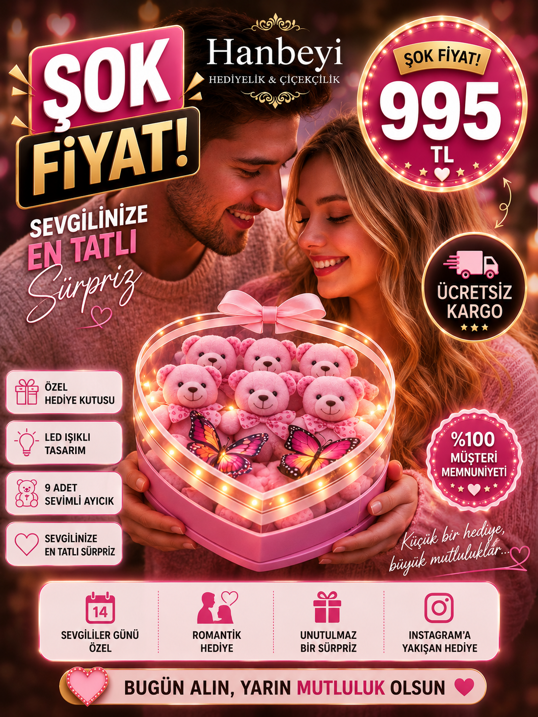 Pleksi Kalp Kutuda Pembe Mini Ayıcık – Premium Romantik Hediye | Hanbeyi Aynalı Gül Buketi