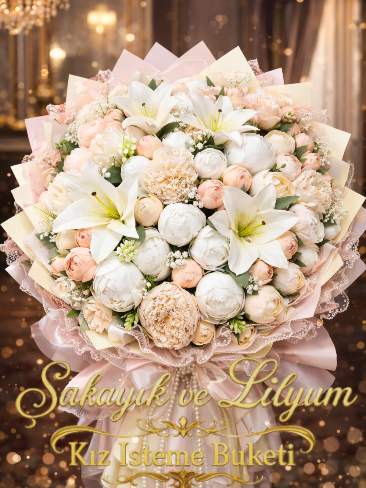 Şakayık ve Lilyum Kız İsteme Buketi – Yapay Premium İsteme Çiçeği | Hanbeyi 41 Gül Buketi