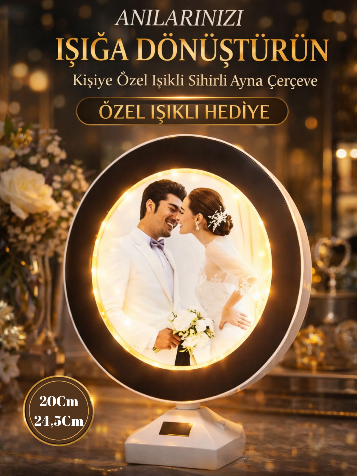 Sihirli Ayna Kişiye Özel Yuvarlak LED Fotoğraf Çerçevesi - Anılarınızı Işıkla Yansıtın! SEVGİLİYE HEDİYE KİŞİYE ÖZEL