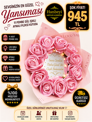 11 .Pembe Gül Işıklı Aynalı Buket – Sana Senden Daha Güzel Bir Çiçek Bulamadım Aynalı Buketler