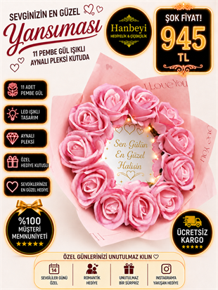 11 Pembe Gül Işıklı Aynalı Buket – Sen Gülün En Güzel Halisin Aynalı Buketler