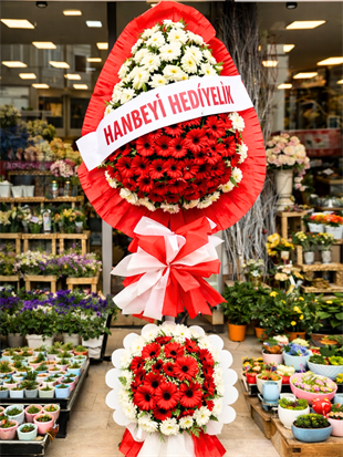 2 Katlı Kırmızı & Beyaz Gerbera Çelenk – Açılış, Düğün, Kutlama & Cenaze Çelengi | Hanbeyi KIZ İSTEME BUKETİ
