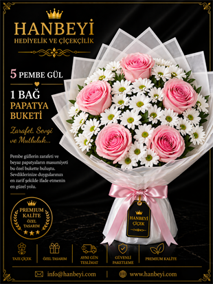 5 Pembe Gül & 1 Bağ Papatya Buketi | Premium Zarafet Koleksiyonu Avcılar Çiçekçi