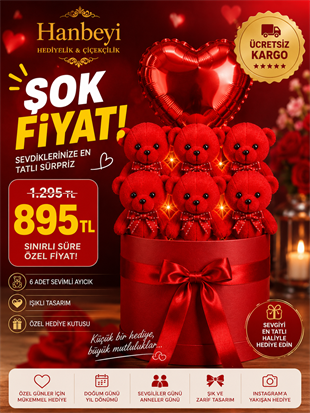 6 Adet Ayıcıklı Işıklı Yuvarlak Kutu Aranjmanı - Kalp Balonlu Romantik Hediye Seti Ayıcıklı Buketler