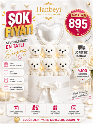 Beyaz Ayıcıklı Işıklı Yuvarlak Kutu Aranjmanı - Kalp Balonlu Romantik Hediye Seti Ayıcıklı Buketler