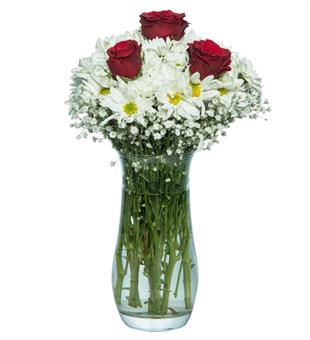 3 Kırmızı Gül ve Papatyalar - IKEA Vazoda ÇİÇEK BUKETLERİ