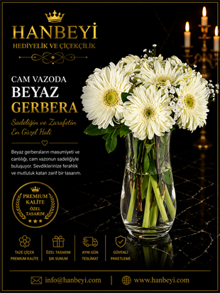 Cam Vazoda Beyaz Gerbera | Premium Saflık Koleksiyonu Avcılar Çiçekçi