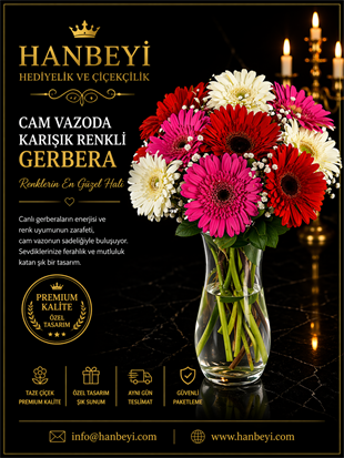 Cam Vazoda Karışık Renkli Gerbera | Premium Enerji Koleksiyonu Avcılar Çiçekçi