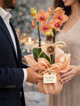 Çift Dal Somon Orkide – Zarif Premium Orkide Tasarımı | Hanbeyi KIZ İSTEME BUKETİ