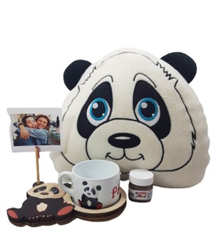 Kişiye Özel Masum Panda 3D Figürlü Kupa ve Yastık Mini Nutella Hediye Setleri