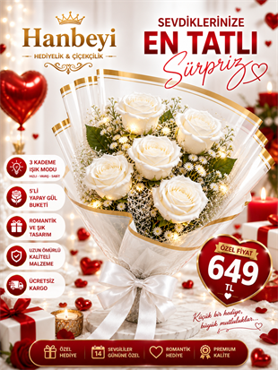 Hanbeyi Işıklı 5'li Yapay Beyaz Gül Buketi Yapay Gül Koleksiyonu