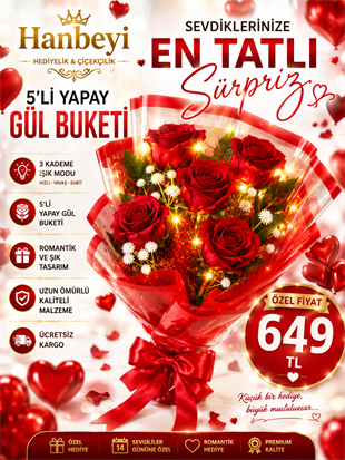 Hanbeyi Işıklı 5'li Yapay Kırmızı Gül Buketi Yapay Gül Koleksiyonu