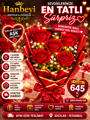 Hanbeyi Işıklı 5'li Yapay Kırmızı Gül Buketi Yapay Gül Koleksiyonu