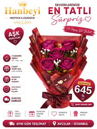 Hanbeyi Işıklı 5'li Yapay Mor Gül Buketi Yapay Gül Koleksiyonu