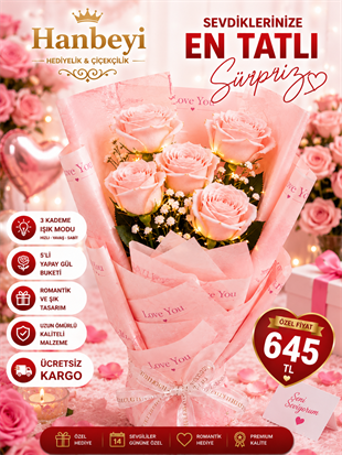 Hanbeyi Işıklı 5'li Yapay Pembe Gül Buketi Yapay Gül Koleksiyonu