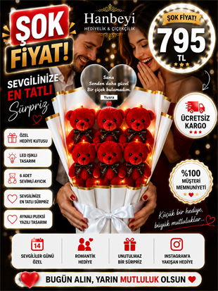 Hanbeyi Kişiye Özel Aynalı Pleksi Yazılı 6'lı Işıklı Peluş Ayıcık Buketi - Kırmızı Aşk Serisi Ayıcıklı Buketler