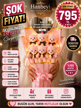 Hanbeyi Kişiye Özel Aynalı Pleksi Yazılı 6'lı Işıklı Peluş Ayıcık Buketi - Pembe Aşk Serisi Ayıcıklı Buketler