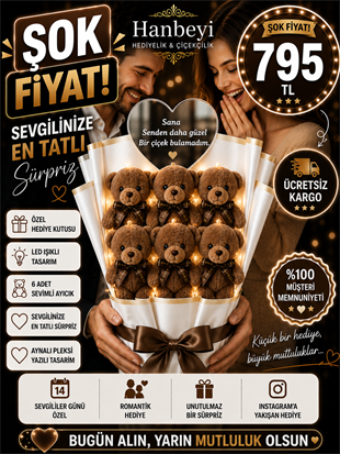 Hanbeyi Kişiye Özel Aynalı Pleksi Yazılı 6'lı Işıklı Peluş Ayıcık Buketi - Kahverengi Aşk Serisi Ayıcıklı Buketler