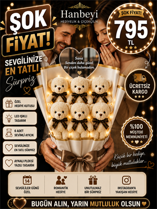 Hanbeyi Kişiye Özel Aynalı Pleksi Yazılı 6'lı Işıklı Peluş Ayıcık Buketi - Beyaz Aşk Serisi Ayıcıklı Buketler