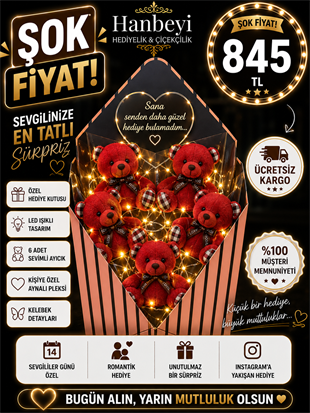 Hanbeyi Kişiye Özel Aynalı Pleksili 6'lı Işıklı Peluş Ayıcık Buketi - Kelebek Detaylı Kırmızı Aşk Serisi Ayıcıklı Buketler