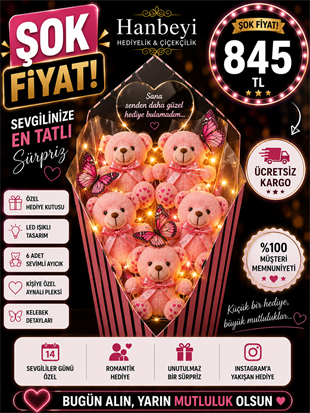 Hanbeyi Kişiye Özel Aynalı Pleksili 6'lı Işıklı Peluş Ayıcık Buketi - Kelebek Detaylı Pembe Aşk Serisi Ayıcıklı Buketler