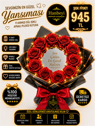 Hanbeyi Premium 11 Kırmızı Gül Işıklı Aynalı Pleksi Kutuda Aranjman  Kişiye Özel Hediyeler