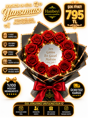 Hanbeyi Premium 11 Kırmızı Gül Işıklı Aynalı Pleksi Kutuda Aranjman  Kişiye Özel Hediyeler
